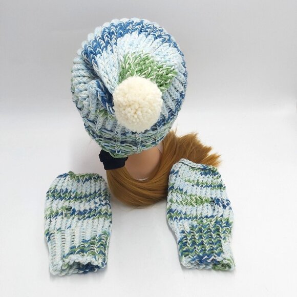 Fingerless Gloves Beanie Hat Toque Pompom Small Blue Green Handmade Loom Knit - Picture 3 of 16